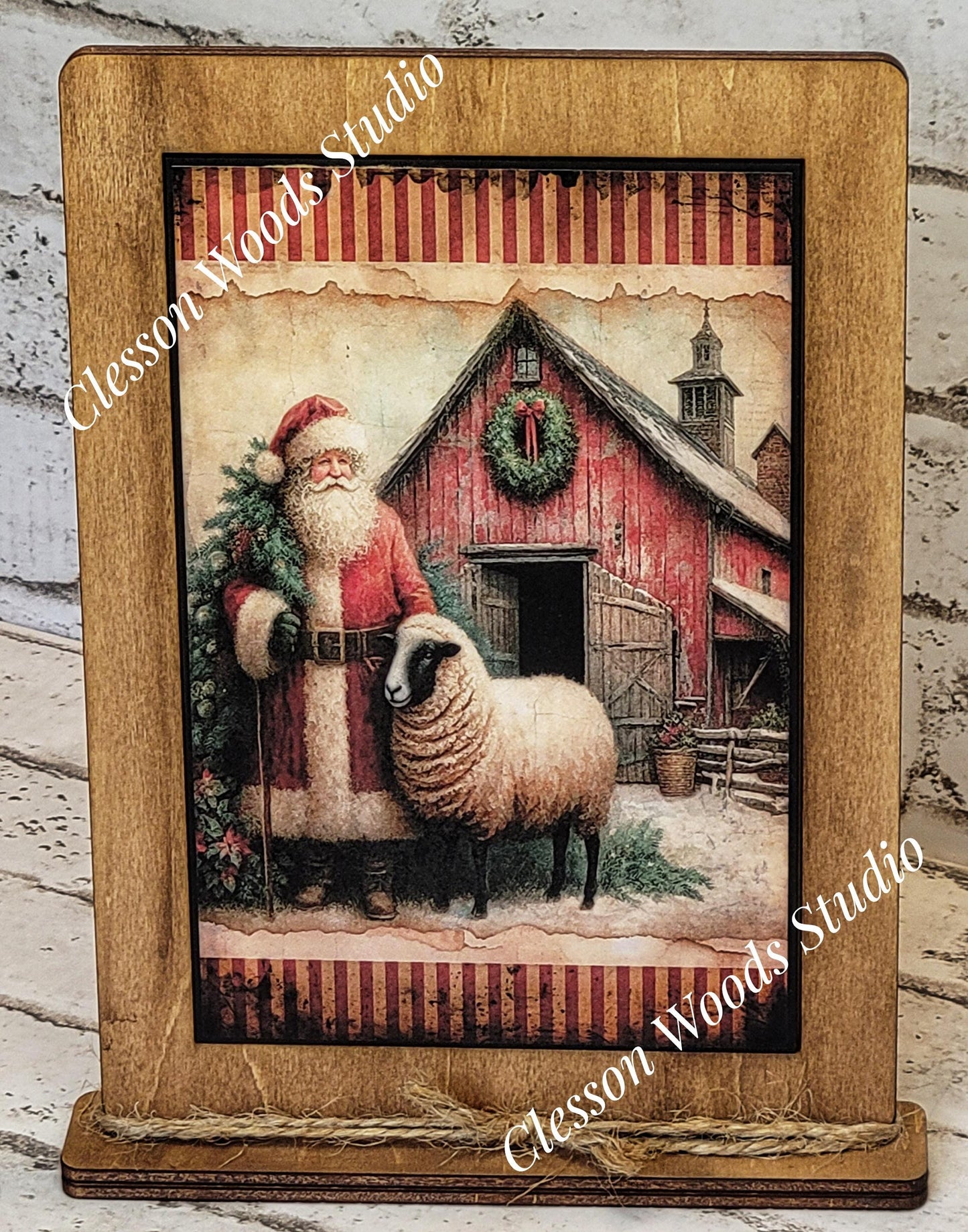 Primitive Santa Barn and Sheep Framed Art with Attached Stand