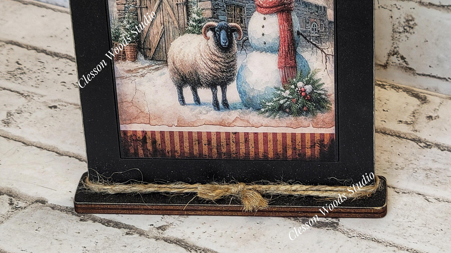 Primitive Snowman Barn and Sheep Framed Art with Attached Stand