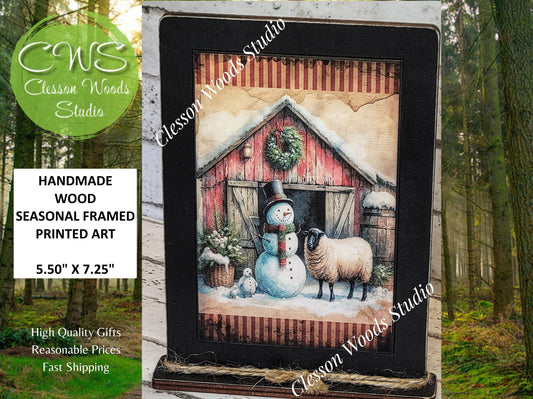 Primitive Winter Barn Snowman and Sheep Framed Art with Attached Stand