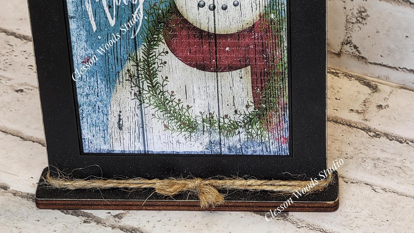 Primitive Snowman Believe In The Magic Framed Art with Attached Stand