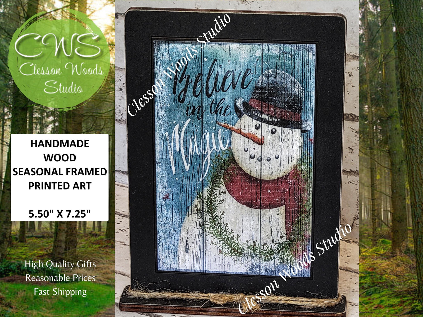 Primitive Snowman Believe In The Magic Framed Art with Attached Stand