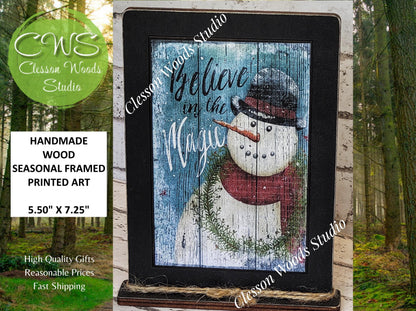 Primitive Snowman Believe In The Magic Framed Art with Attached Stand