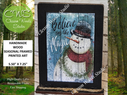 Primitive Snowman Believe In The Magic Framed Art with Attached Stand