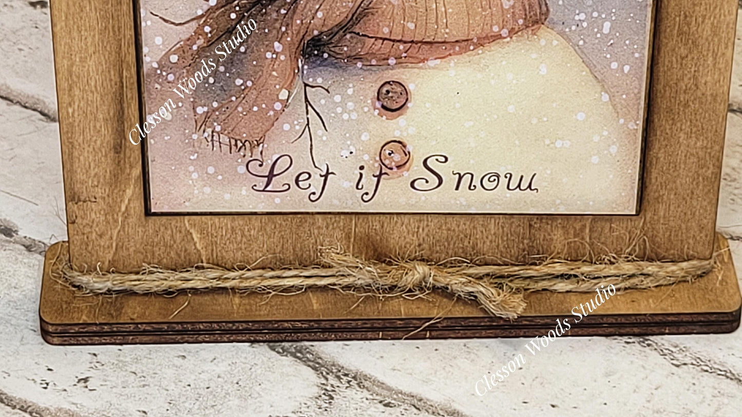 Snowman Blue Hat Let It Snow Framed Art with Attached Stand