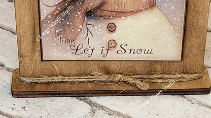 Snowman Blue Hat Let It Snow Framed Art with Attached Stand