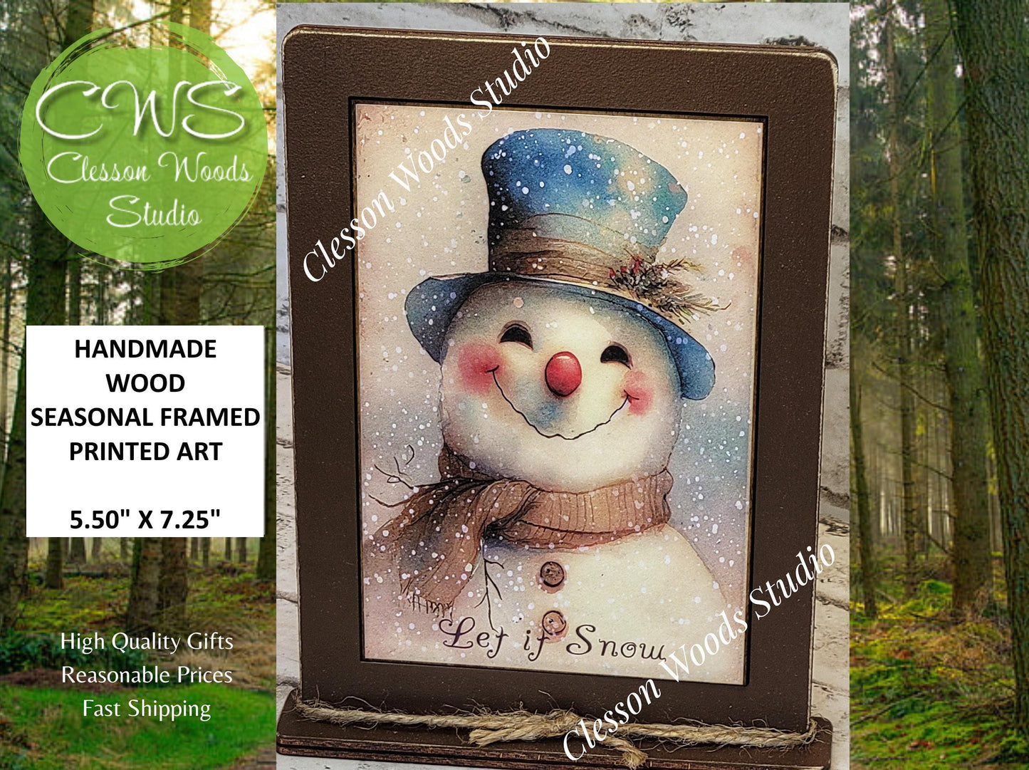 Snowman Blue Hat Let It Snow Framed Art with Attached Stand