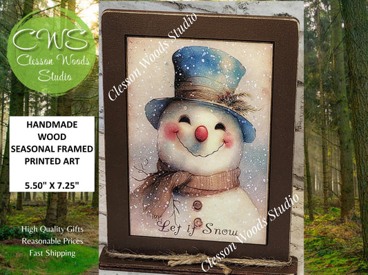 Snowman Blue Hat Let It Snow Framed Art with Attached Stand