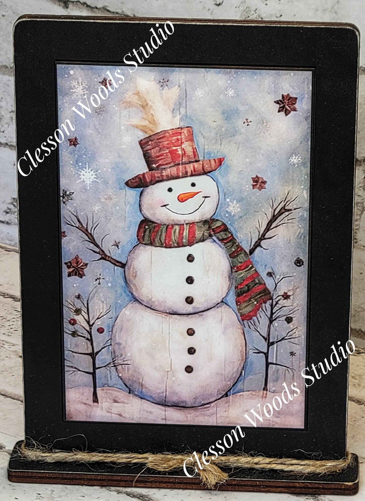 Snowman Red Hat Red Green Scarf Framed Art with Attached Stand