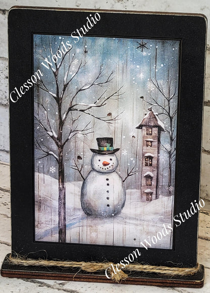 Snowy Primitive Snowman Framed Art with Attached Stand