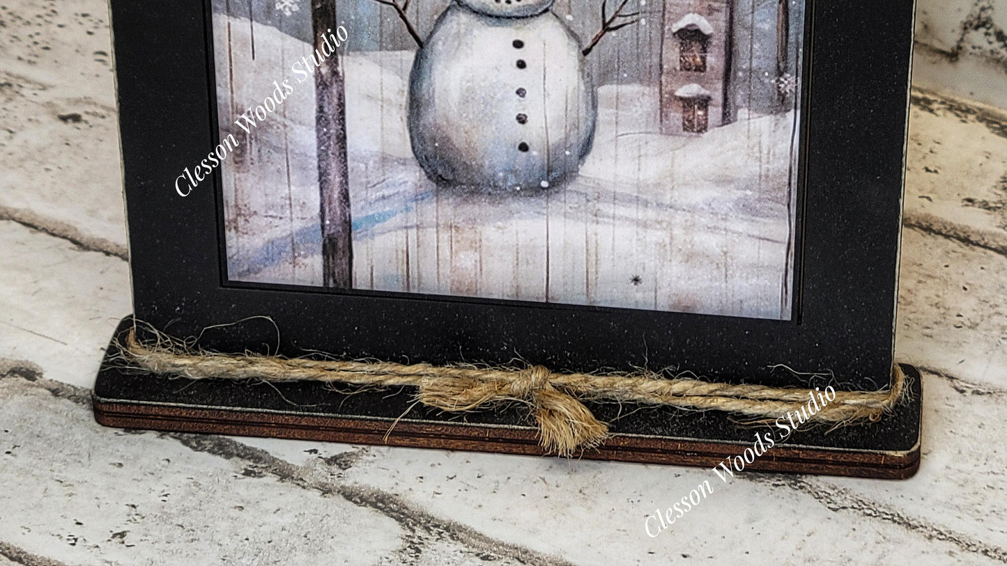 Snowy Primitive Snowman Framed Art with Attached Stand