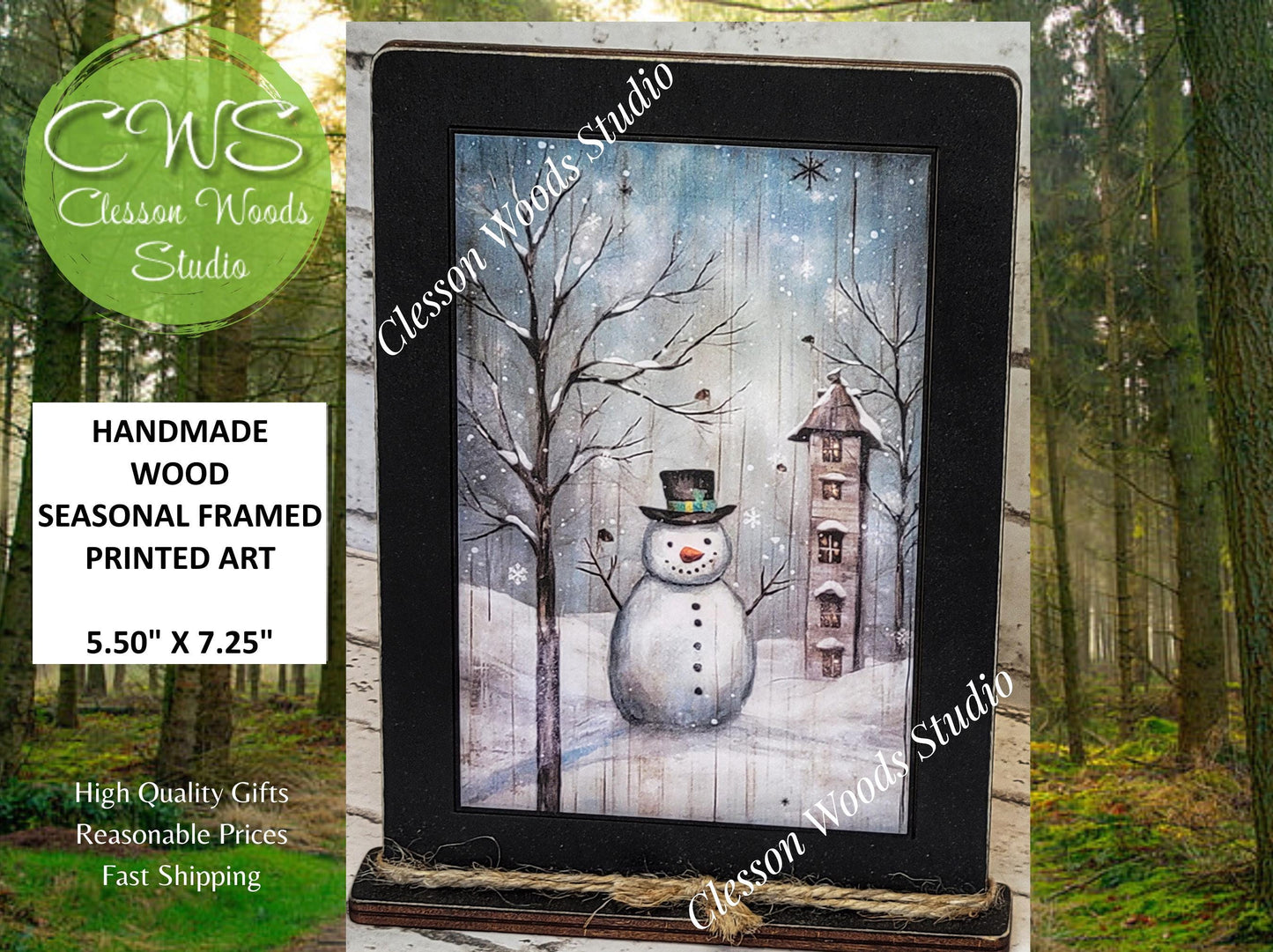 Snowy Primitive Snowman Framed Art with Attached Stand