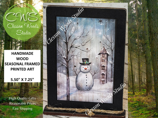 Snowy Primitive Snowman Framed Art with Attached Stand