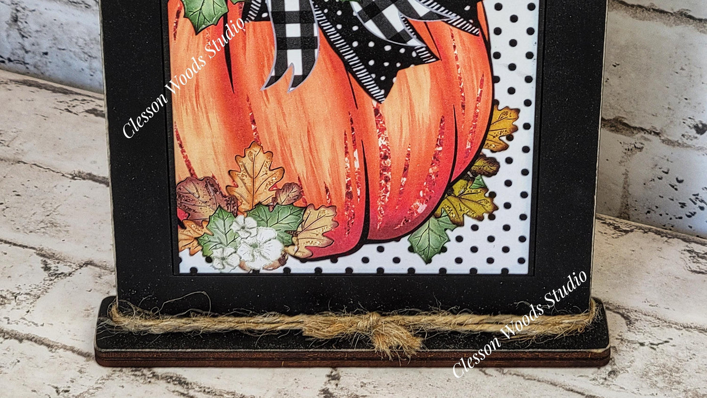 Fall Pumpkin Black Dots Background Wood Framed Art with Attached Stand