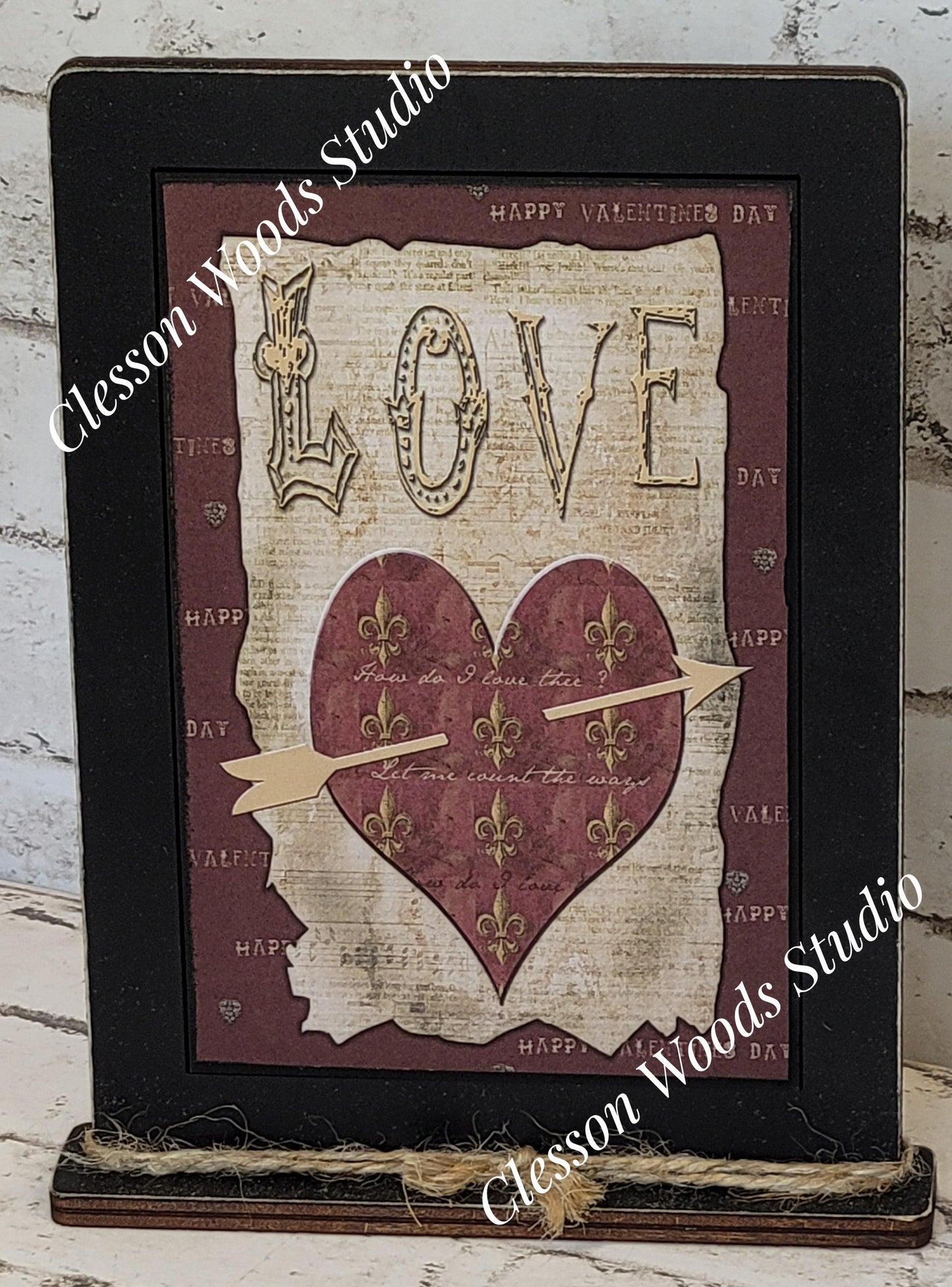 Primitive Love Valentine Heart Wood Framed Art with Attached Stand