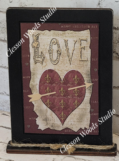 Primitive Love Valentine Heart Wood Framed Art with Attached Stand