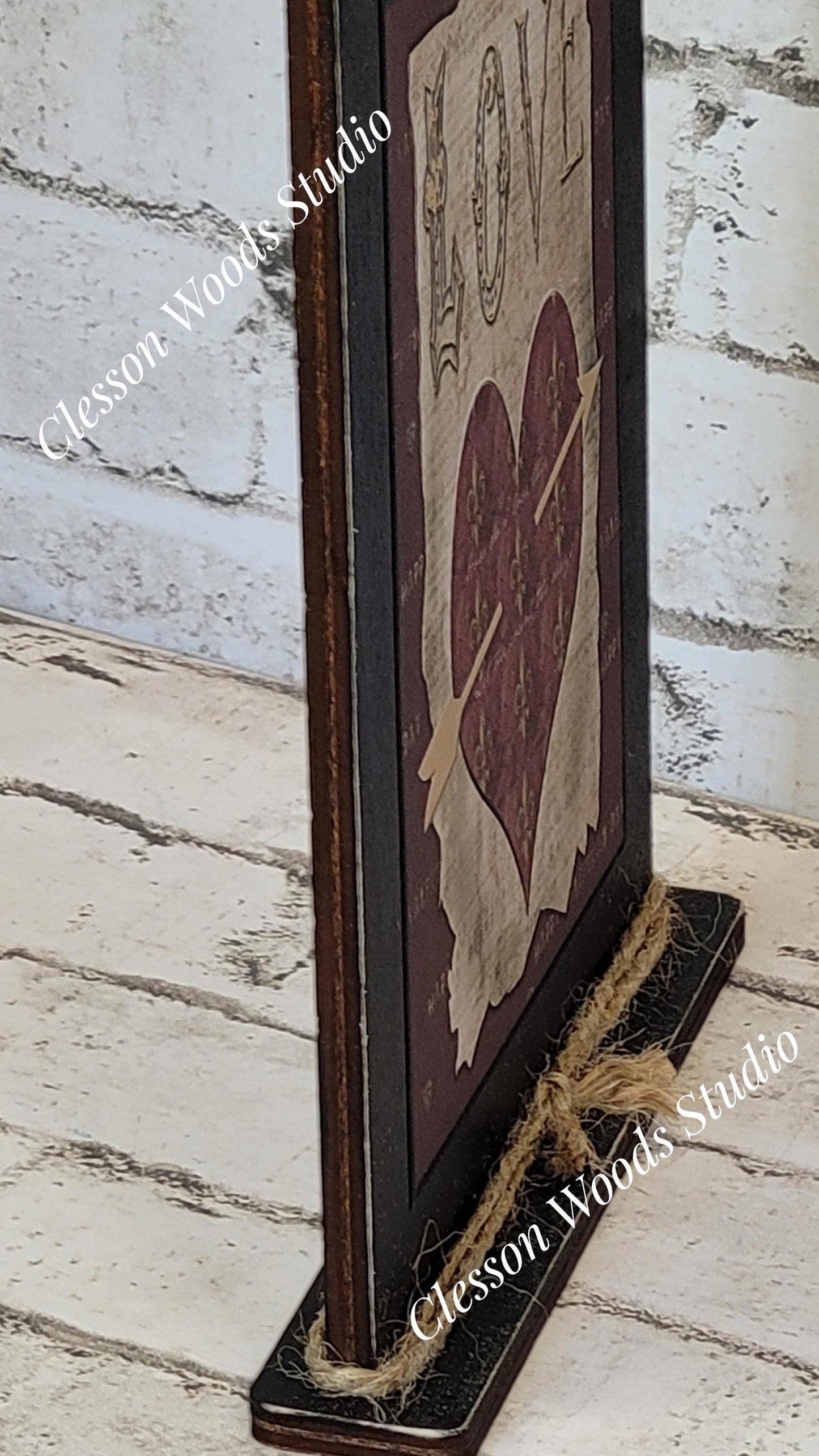 Primitive Love Valentine Heart Wood Framed Art with Attached Stand