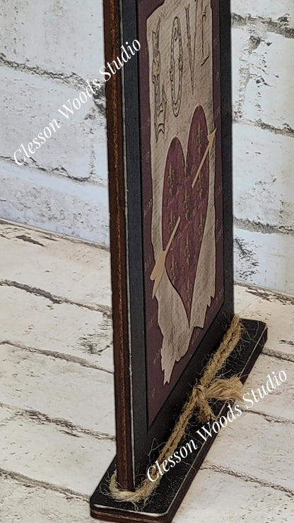 Primitive Love Valentine Heart Wood Framed Art with Attached Stand