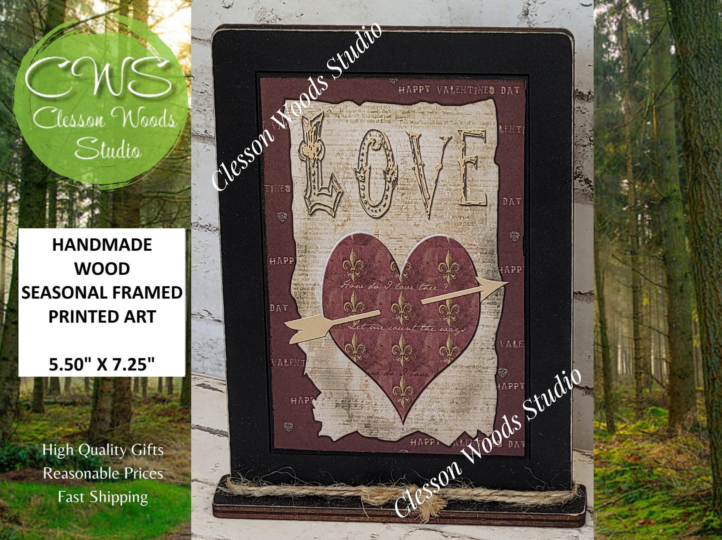 Primitive Love Valentine Heart Wood Framed Art with Attached Stand