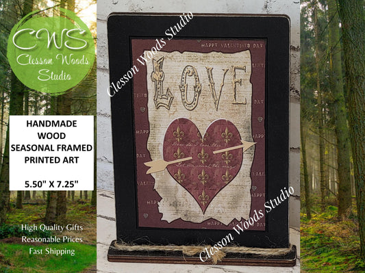 Primitive Love Valentine Heart Wood Framed Art with Attached Stand