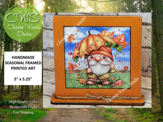 Fall Gnome With Umbrella Framed Art Wood Sign