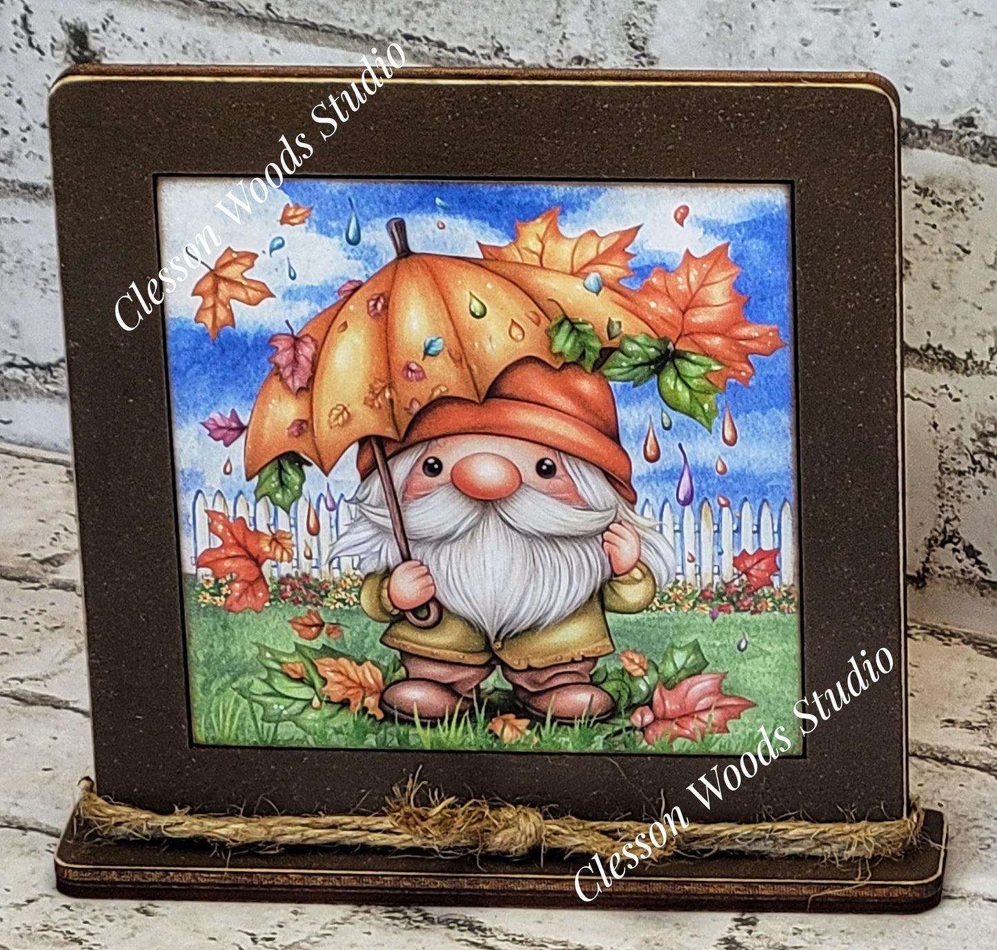 Fall Gnome With Umbrella Framed Art Wood Sign