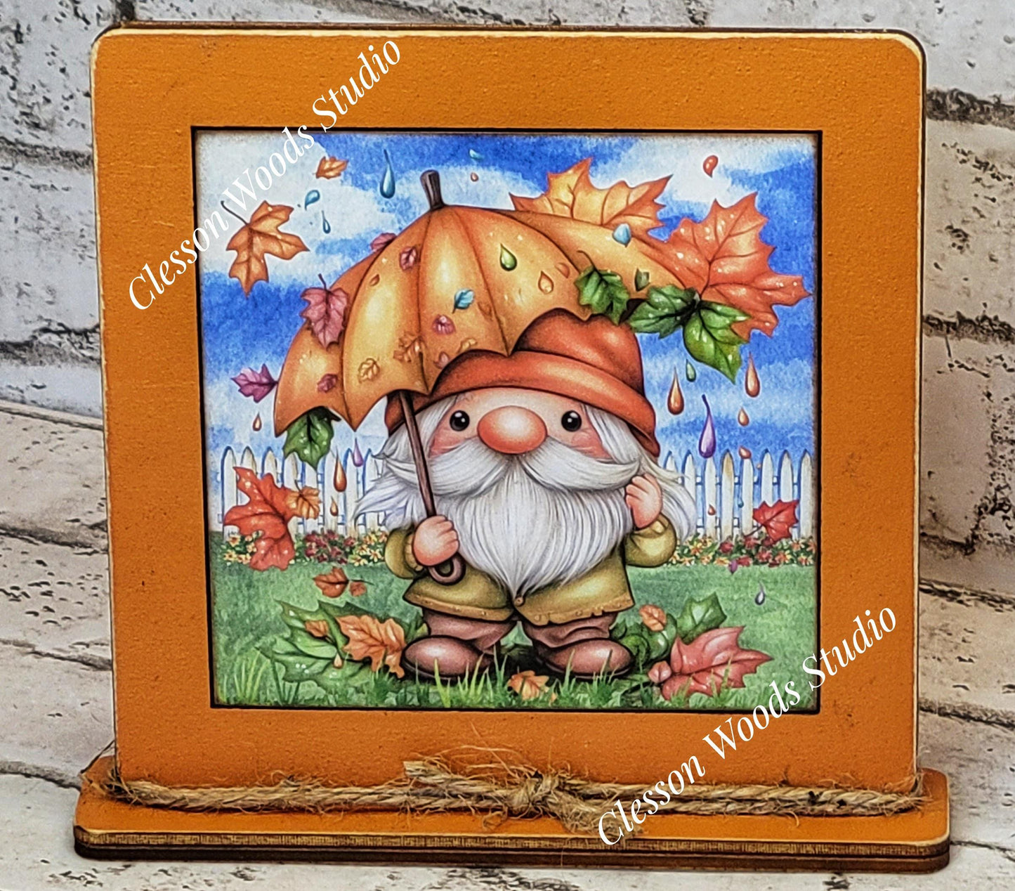Fall Gnome With Umbrella Framed Art Wood Sign