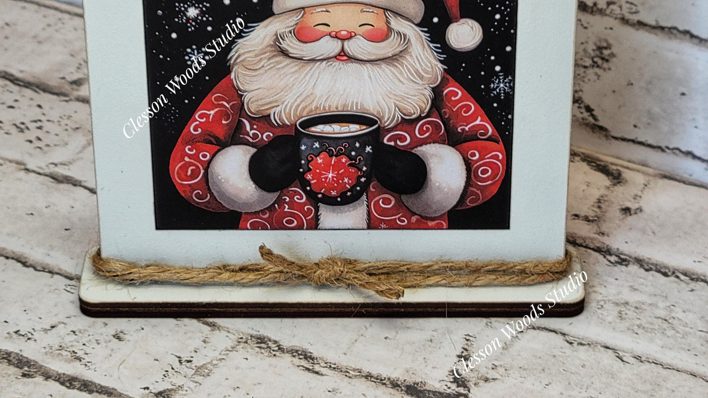 Jolly Santa With Hot Cocoa Framed Art Wood Sign