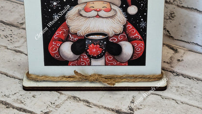 Jolly Santa With Hot Cocoa Framed Art Wood Sign
