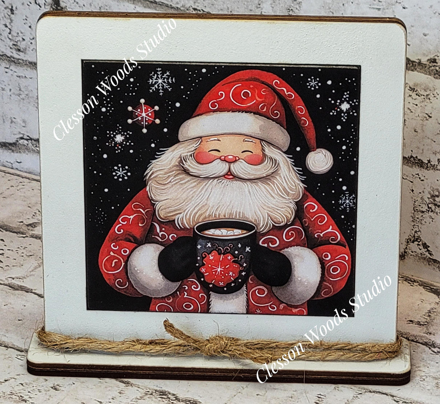 Jolly Santa With Hot Cocoa Framed Art Wood Sign