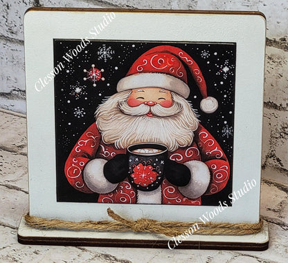 Jolly Santa With Hot Cocoa Framed Art Wood Sign