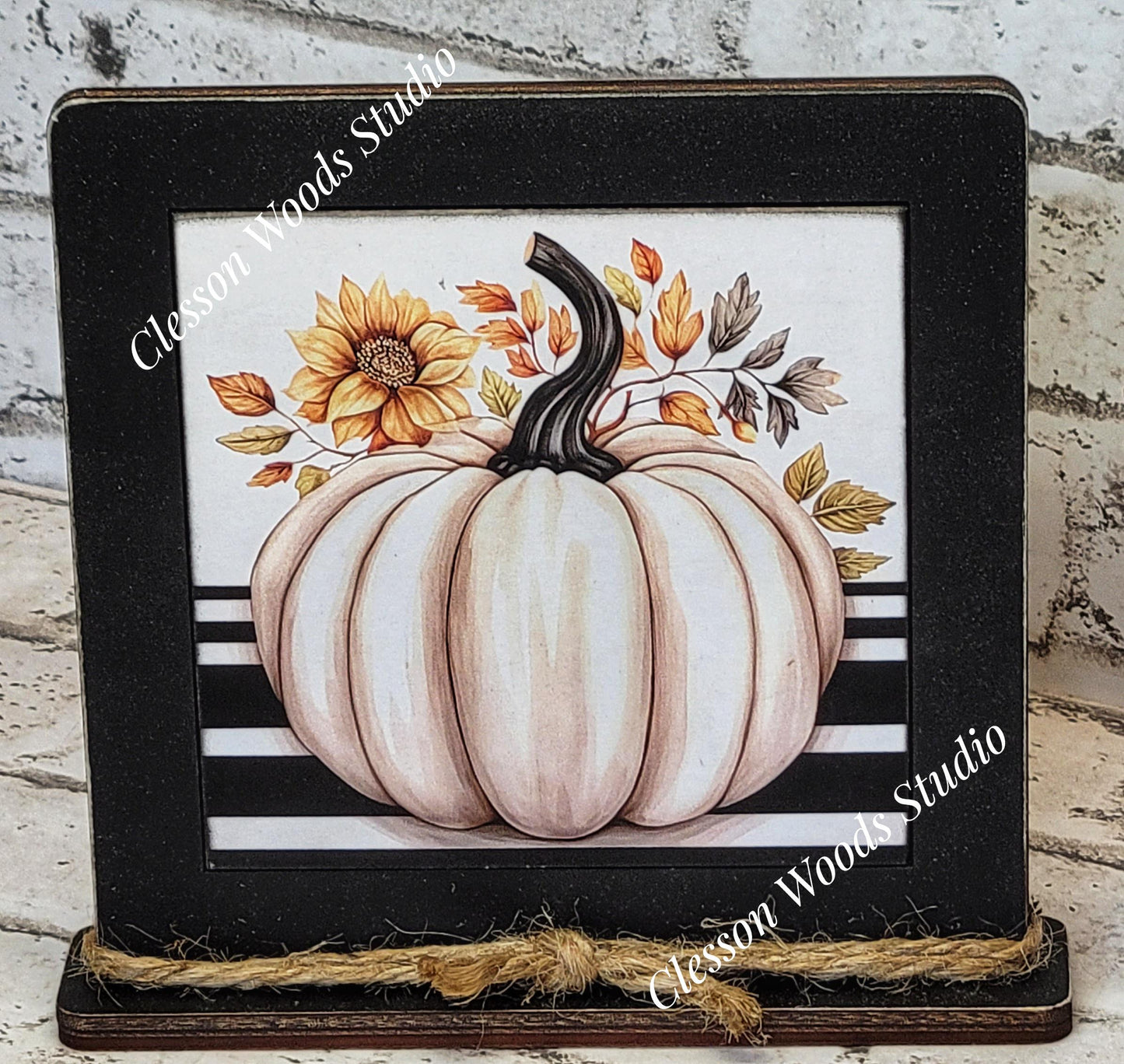 Fall White Pumpkin Framed Art Wood Sign