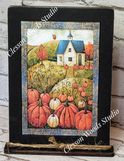 Fall White Cottage Pumpkin Patch Wood Framed Art with Attached Stand
