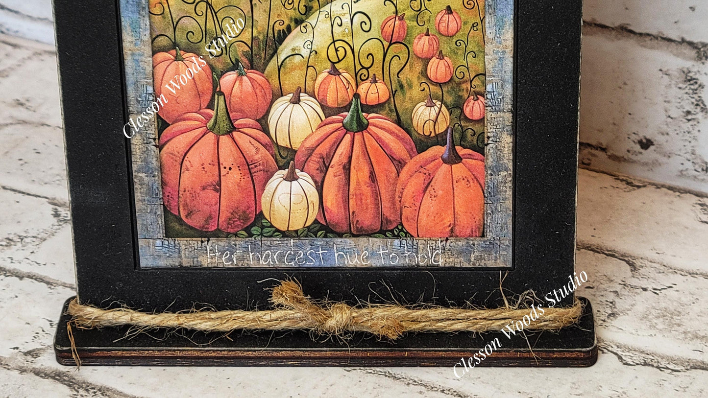 Fall White Cottage Pumpkin Patch Wood Framed Art with Attached Stand