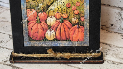 Fall White Cottage Pumpkin Patch Wood Framed Art with Attached Stand