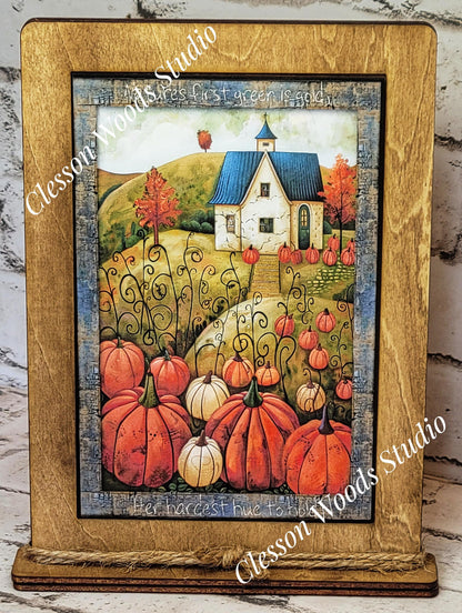 Fall White Cottage Pumpkin Patch Wood Framed Art with Attached Stand