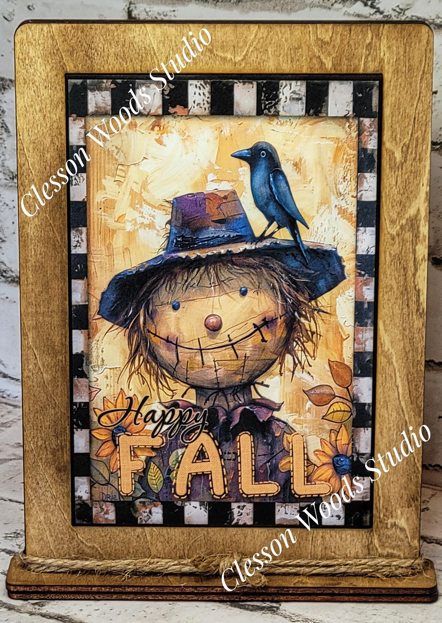 Fall Primitive Whimsical Scarecrow Wood Framed Art with Attached Stand