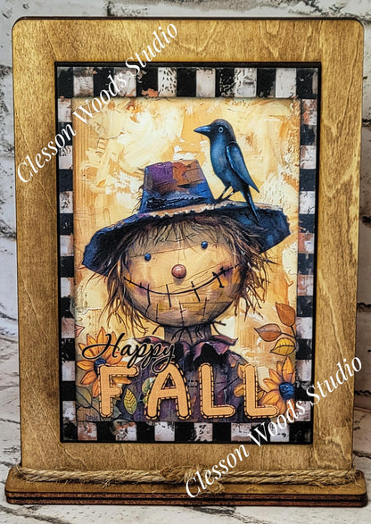 Fall Primitive Whimsical Scarecrow Wood Framed Art with Attached Stand
