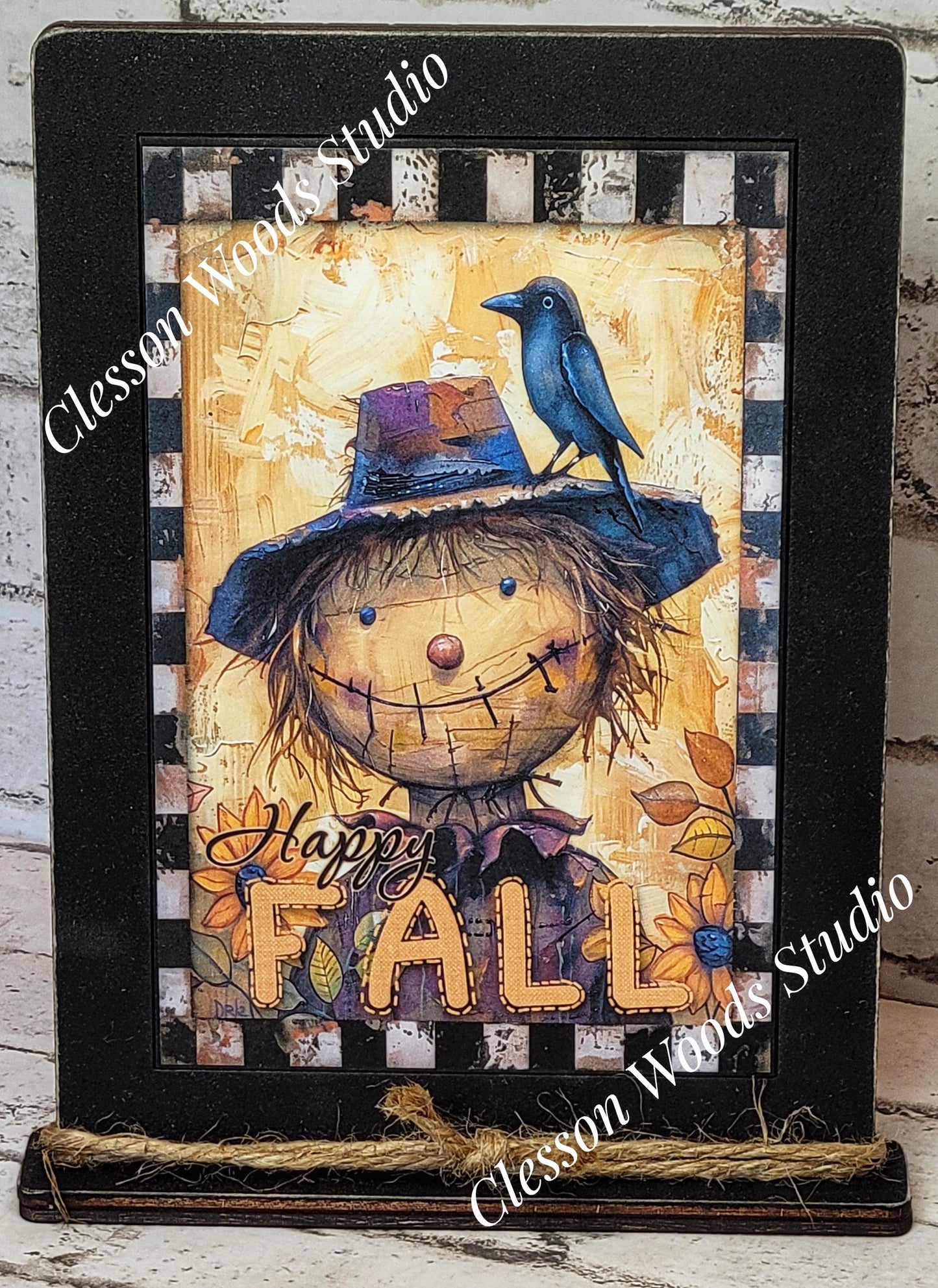 Fall Primitive Whimsical Scarecrow Wood Framed Art with Attached Stand