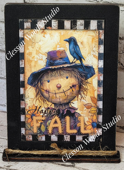Fall Primitive Whimsical Scarecrow Wood Framed Art with Attached Stand