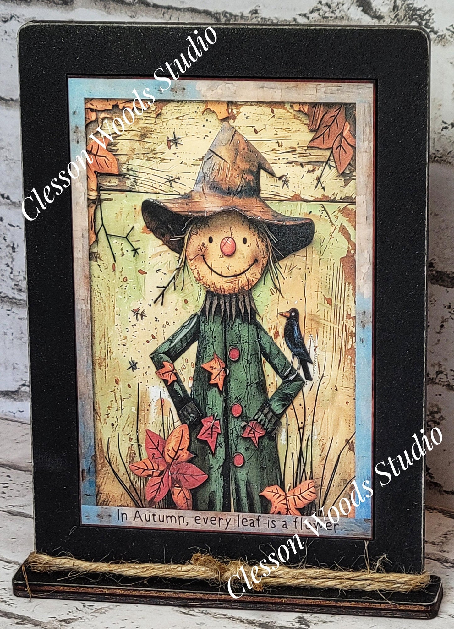 Fall Whimsical Scarecrow Wood Framed Art with Attached Stand