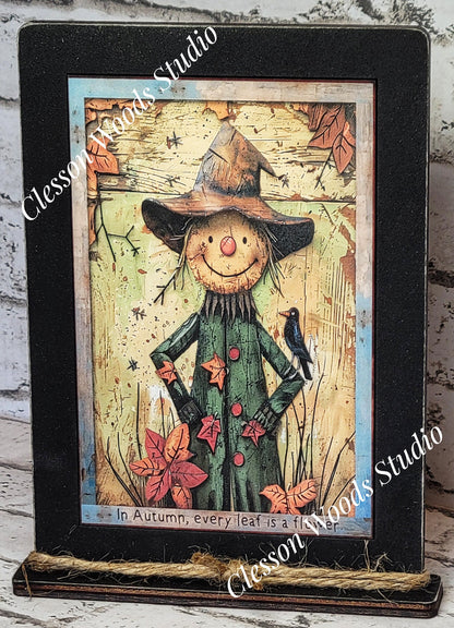 Fall Whimsical Scarecrow Wood Framed Art with Attached Stand