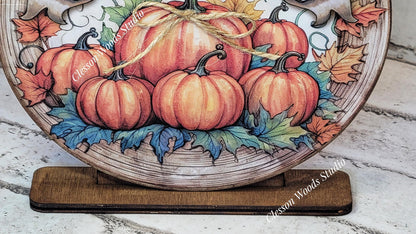 Thankful Pumpkins Fall Seasonal Round Wood Shelf Sitter 6" or 4.25"