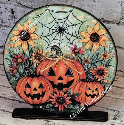 Halloween Pumpkins and Sunflowers Fall Seasonal Round Wood Shelf Sitter 6" or 4.25"