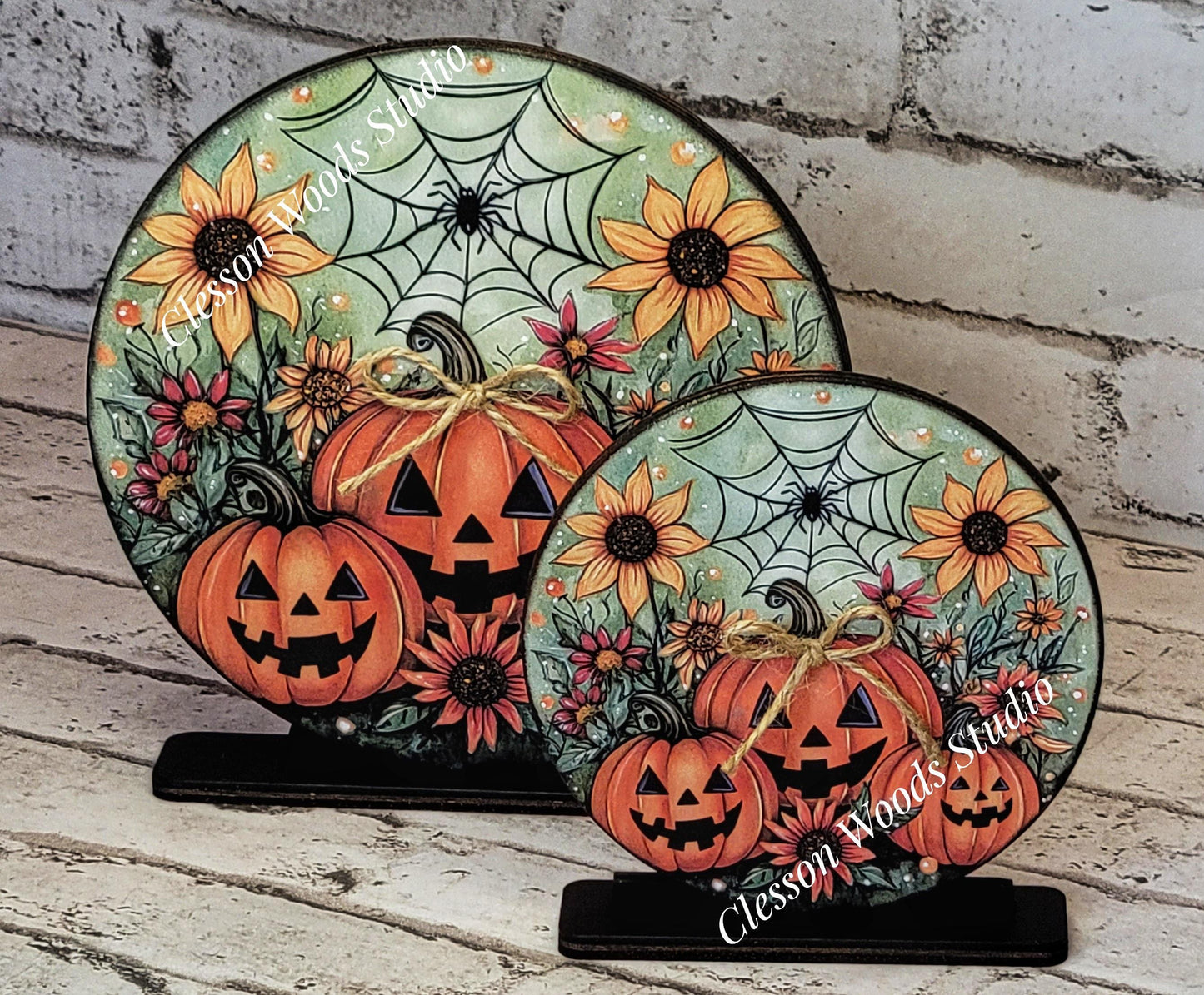 Halloween Pumpkins and Sunflowers Fall Seasonal Round Wood Shelf Sitter 6" or 4.25"