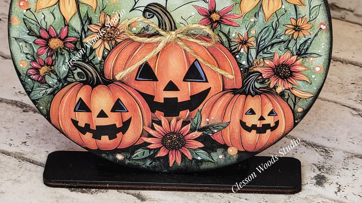 Halloween Pumpkins and Sunflowers Fall Seasonal Round Wood Shelf Sitter 6" or 4.25"
