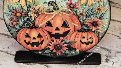 Halloween Pumpkins and Sunflowers Fall Seasonal Round Wood Shelf Sitter 6" or 4.25"