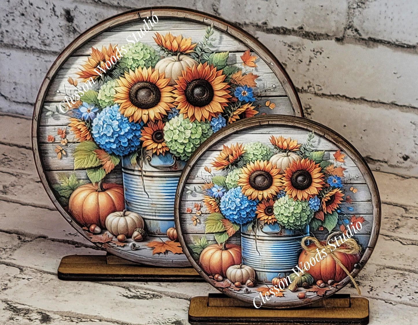 Fall Flowers Pumpkins Metal Can Seasonal Round Wood Shelf Sitter 6" or 4.25"