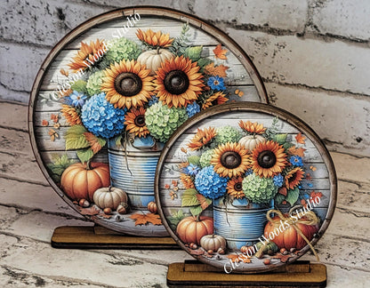 Fall Flowers Pumpkins Metal Can Seasonal Round Wood Shelf Sitter 6" or 4.25"