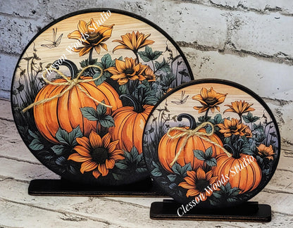Fall Pumpkin Duo Seasonal Round Wood Shelf Sitter 6" or 4.25"