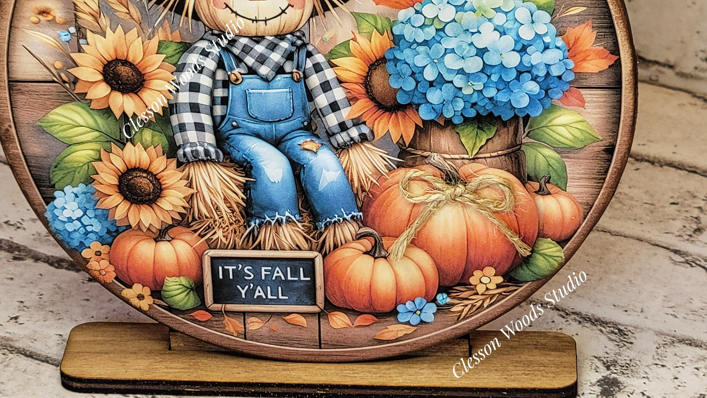 Fall Scarecrow Shelf Sitter | Autumn Pumpkins & Flowers Decor